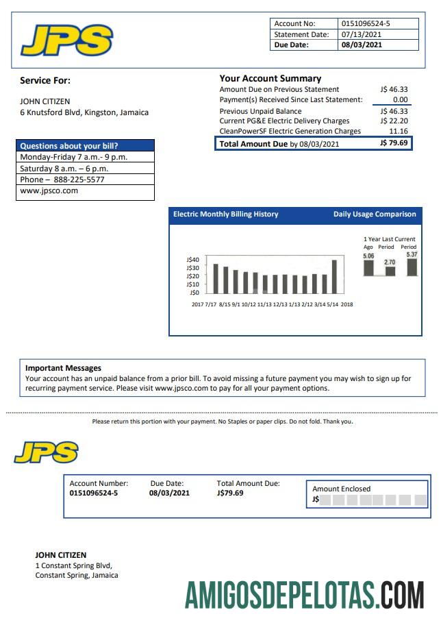 realista Modelo de conta de serviço público de eletricidade do Serviço Público da Jamaica (JPS) em formato Word e PDF